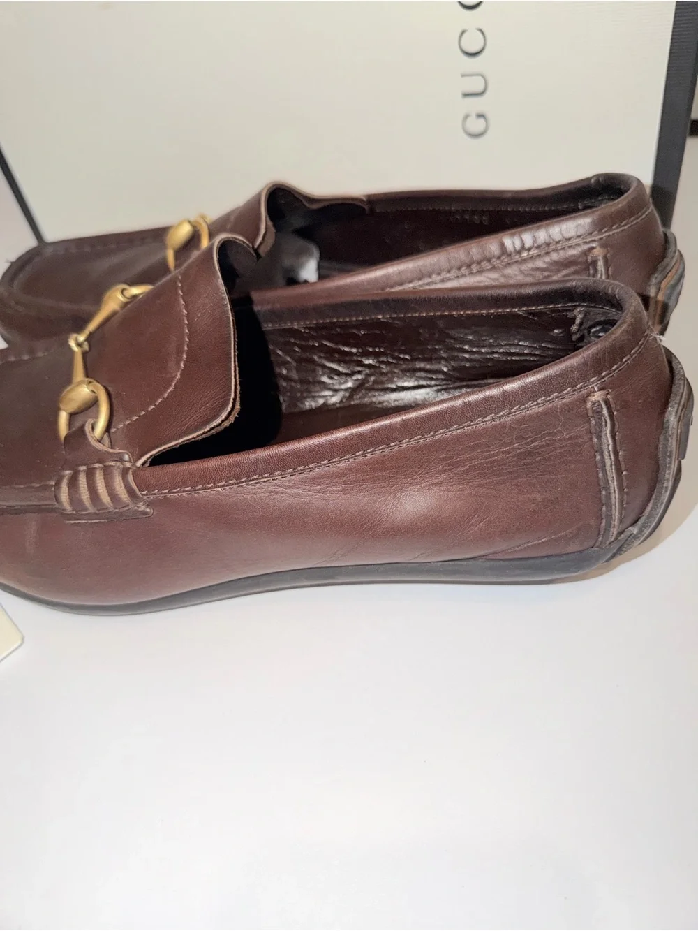 In Box Gucci Brown Leather Horsebit Slip-On Loafers, Sz 11 1/2